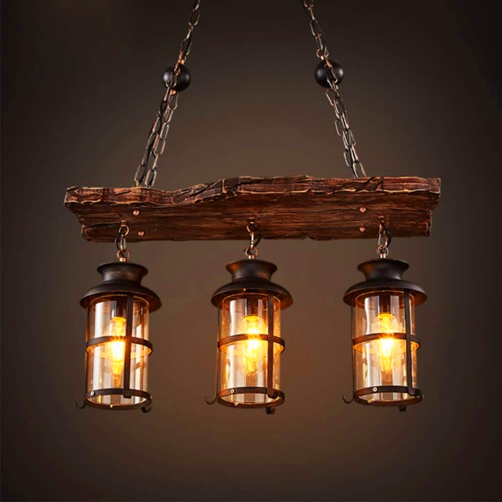 Vintage Holz Hängeleuchte Industrielle Pendelleuchte 3-flammig Pendellampe | Hängelampe im Retro-Landhausstil,Glas Lampenschirm E27-Fassung Kronleuchter für Esstisch, Kücheninsel Esszimmer Wohnzimmer