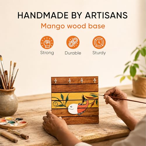 Image of AAKRITI ART CREATIONS Key Holder, Boga Hand Painted Wooden Key Holder with Bird Design | Rustic Akasia Wood Wall Organizer with 4 Hooks | Storage Shelf for Keys, Hats | Multifunctional Entryway Decor