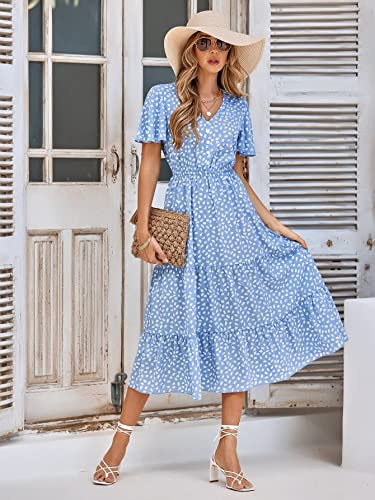 IFFEI Summer Midi Boho Dresses Casual V Neck Ruffle Short Sleeve A Line Sun Beach Flowy Dresses - Image 4