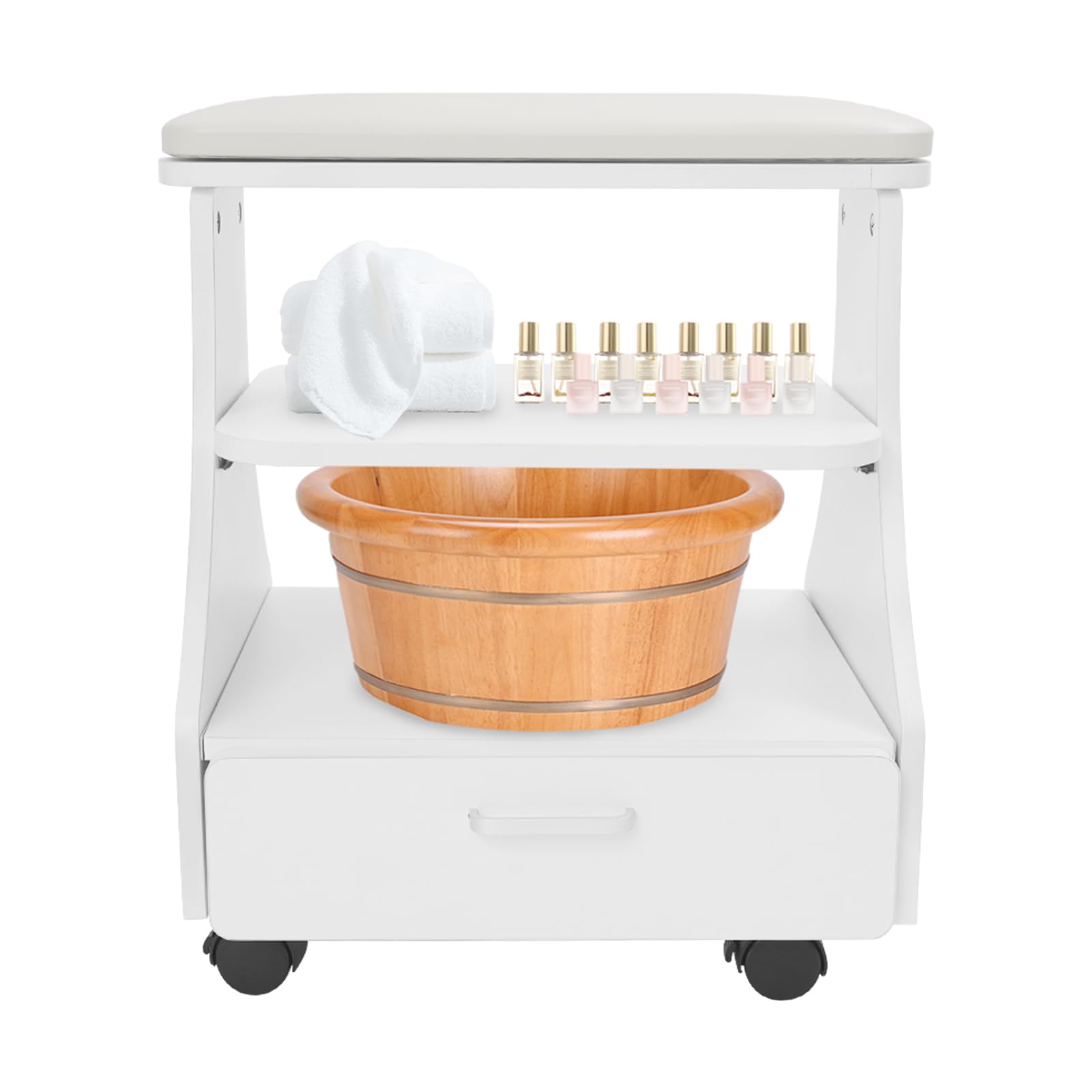 Carrito de salón con cojín, carrito de almacenamiento de 3 niveles para herramientas de manicura y pedicura, carrito para baños de pies, pedicura, accesorios de salón, hasta 50 kg, 52 x 41 x 55 cm