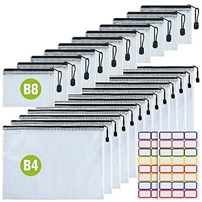 B4/B8 SizePlastic Mesh Zip File Bags, Waterproof Tear-Resistant Document File Folders,Zipper Documents Pouch Document Organizer Bags for School Office Home Travel Storage