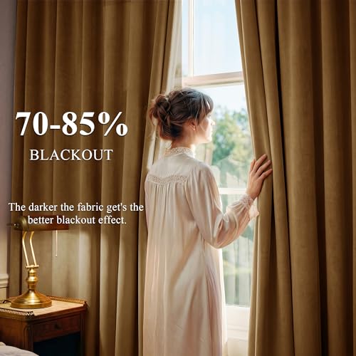 Image of Gold Brown Velvet Curtains for Living Room Boho, W52 x L63, 2 Panels | 300GSM Soft Velvet Drapes, Thermal Insulated, Window Back Tab Luxury Privacy Home Decor, Room Darkening, Blackout, Bedroom