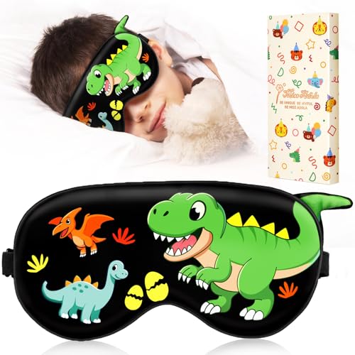 Sleep Mask for Kids - Valentines Gift for Kids Cute Silk Eye Cover for Sleeping Soft Kawaii Eyeshade Animal Eye Blindfold with Adjustable Strap for Boys Teens, Dinosaur