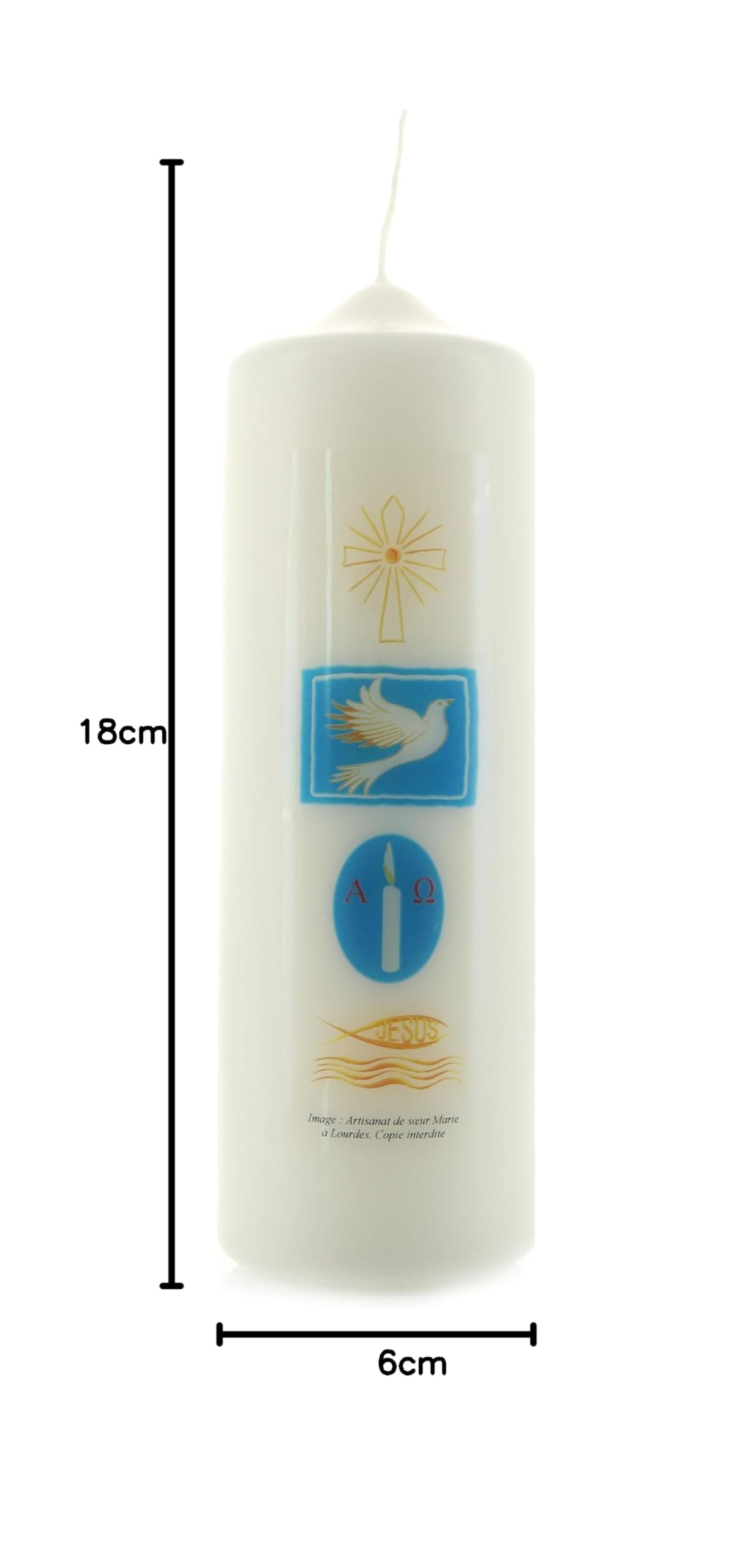 Bougie de Baptême avec symboles religieux 6x18cm - Baptême - Culte Chrétien en Cire végétale