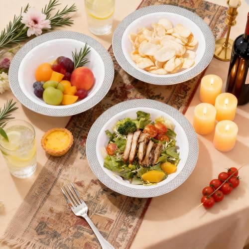 I00000 100 Silver Plastic Bowls,12 OZ White Disposable Bowls,Fancy Plastic Salad Bowl,Premium Heavy Duty Disposable Soup Bowl for Parties,Weddings,Dinners, Catering, Picnics — view 3