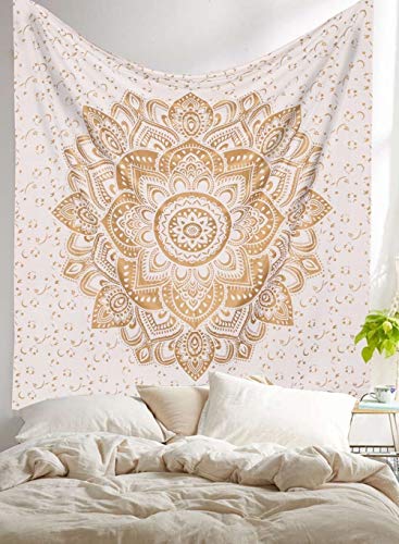 Tapestry Mandala Gold Tapestry Flower Tapestry White and Gold Floral Twin Size Tapestry
