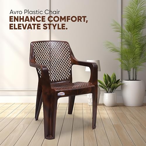 Image of AVRO Furniture Signature Heavy Duty Plastic Chair for Home, Office & Outdoor, Solid Back Support, Comfortable Seating with Arm, Ergonomic and Stackable, Pre-Assembled, 150 Kg Capacity, Set of 2, Brown