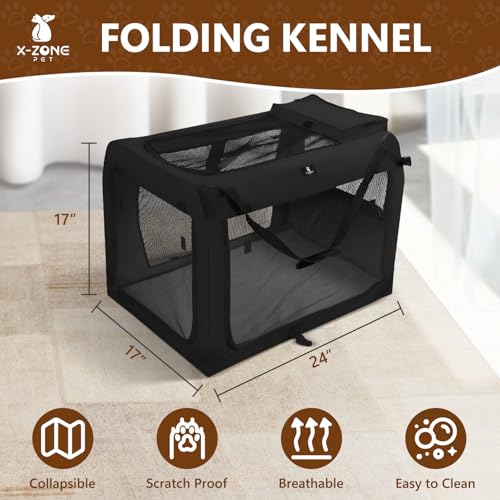 X-ZONE PET Dog Crate 3-Door Kennel, Collapsible Portable Soft Sided Pet Carriers for Indoor & Outdoor, Multiple (24-Inch, Carbon Black) - Thumbnail 3