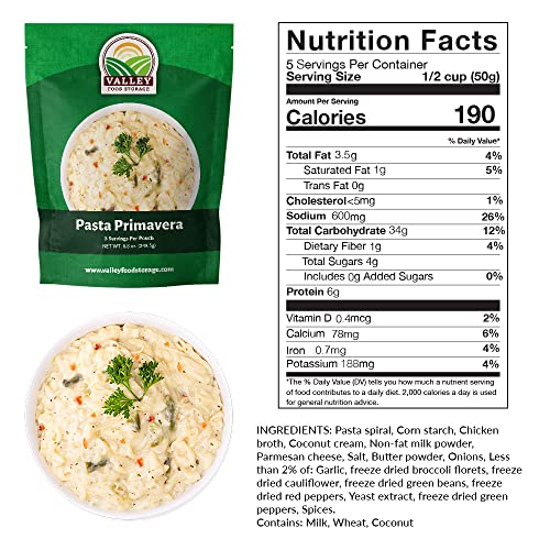 Image of Valley Food Storage Pasta Primavera | 10-Bag Bucket, 50 Servings | Non-GMO Premium Emergency Food Supply, 25 Year Shelf Life | Survival Meal Kits, Prepper Food & Off-Grid Living Supplies, Packaged in USA