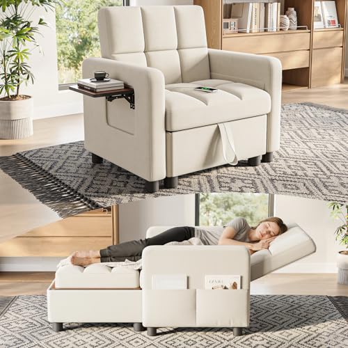 TROMIRY Convertible Sleeper Chair 3 in 1 Pull Out Sofa Bed | Single Sofa Bed with Storage Ottoman and Adjustable Backrest | Reading Chair with Foldable Table & USB Port, Beige