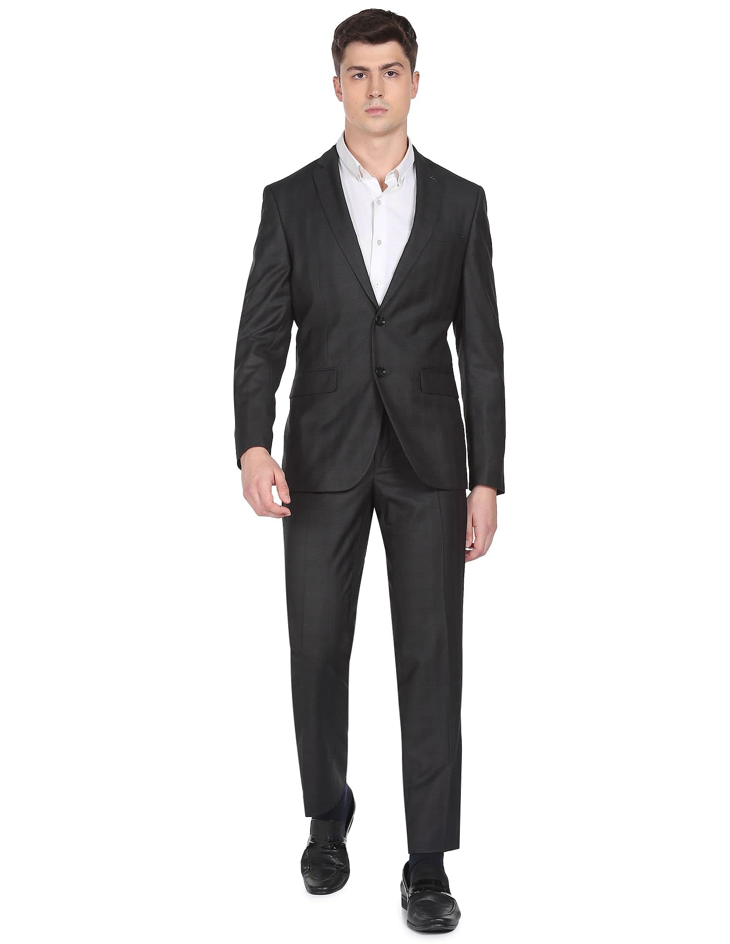 Men Dark Grey Tartan Check Two Piece Suit-image-24