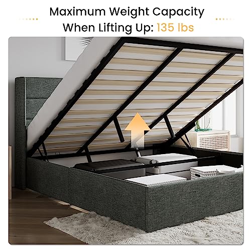 SHA CERLIN King Size Lift Up Storage Bed/Modern Wingback Headboard/Upholstered Platform Bed Frame/Hydraulic Storage/No Box Spring Needed/Wood Slats Support/Dark Grey