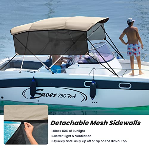 KAKIT Bimini Tops with Mesh Sidewalls Support Poles for Boats Marine Grade Canvas Top Includes 2 Straps Storage Boot 1 Inch Aluminum Frame(4 Bow 8'L x 54" H x 91"-96" W,Beige) by KAKIT - Image 3