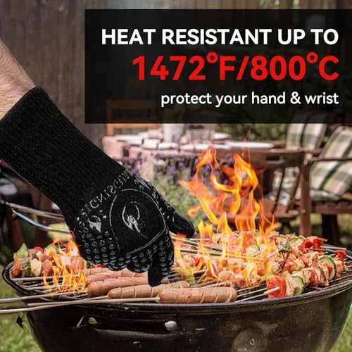 Image of BBQ & Grill Gloves, Oven Gloves, 1472F Silicone Oven Mitts Heat Resistant Grilling Gloves Fireproof Non-Slip for Barbecue Cooking Baking Smoking, 1-Pair Black(M)