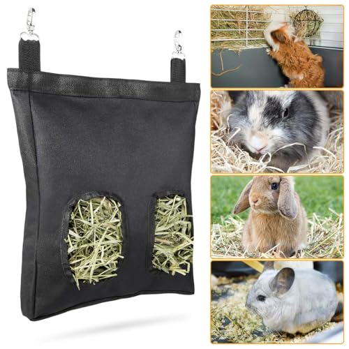 beueyfr Rabbit Hay Feeder Bag, Guinea Pig Hay Feeder Holder，Black Hanging Feeding Hay for Small Animals 600D Oxford Cloth Fabric