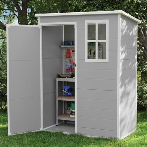 UDPATIO Outdoor Plastic Garden Storage Shed 5x3 FT for Bike, Garbage Can, Tool, Waterproof Outdoor Lockable Garden Shed with Window for Backyard, Patio, Lawn, Grey & White