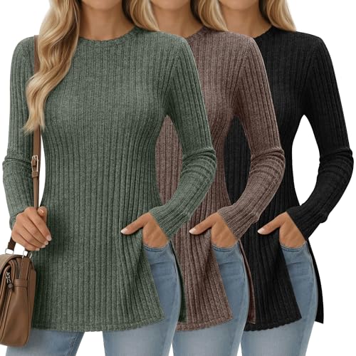 Oakgarden 3 Pack Womens Long Sleeve Shirts with Side Split Crew Neck Lightweight Tunic Sweaters Ribbed Casual Fall Tops(Black Coffee Army Green Large)