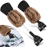 Geyoga 2 Pcs Ice Scraper Retractable with Glove Set Faux Fur Car Windshield Scraper Mitt Retractable Snow Remover Quickly Ice for Removing Snow Glove Set for Keeping Warm