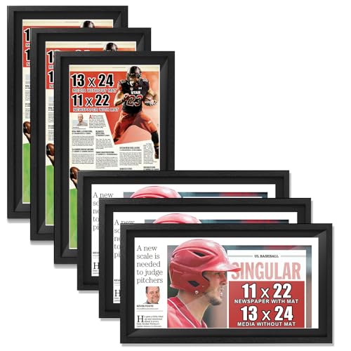 Image of JupDec 11 x 22 Up to 13 x 24 Newspaper Frame, Premium Wood Display Case with Acrylic Panel, Wall Mount or Tabletop Stand, Perfect for Home & Office Decor, Ideal Gift for Collector, 6 Pack, Black