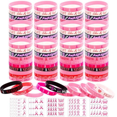 120 Pcs Breast Cancer Bracelets with 20 Pcs Stickers, Pink Ribbon Breast Cancer Awareness Accessories Bracelet, Pink Ribbon Hope Faith Strength Courage Accessories Wristbands for Women