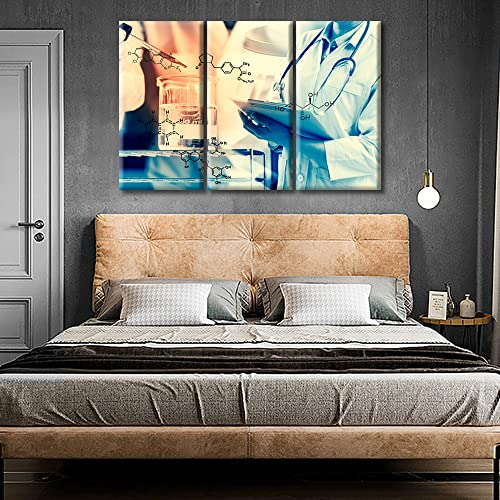 Image of Young Scientist Canvas Paintings Wall Art Home Decor Scientist Writing Report with Equipment and Science Experiments Artwork Home Decor 3 Pieces Posters and Prints Framed Ready to Hang (42 inchWx28 inchH)