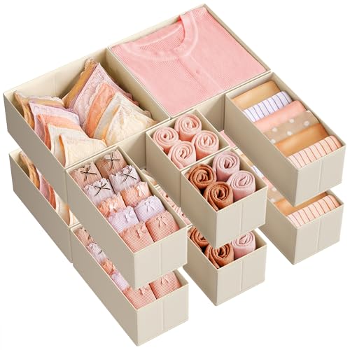 Image of SONGMICS Drawer Organizers, Dresser Divider Organizers, Set of 12, Foldable Fabric Storage Boxes for Socks, Underwear, Bras, Ties, Scarves, Summer Sand URDZ006Y02