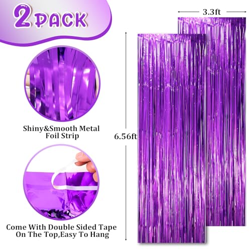 Image of Voircoloria 2 Pack Purple Tinsel Foil Fringe Curtains, Purple Party Decorations, Metallic Tinsel Party Streamers Backdrop for Halloween Mermaid Bachelorette Graduation Party Decorations