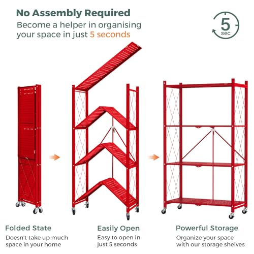 Image of DEANIC 4 Tier Foldable Storage Shelves with Wheels, Large Capacity Shelving Unit, Freestanding Metal Wire Shelf Rack, No Assembly Organizer Rack for Garage Kitchen, Basement, Pantry(Red Pack of 2)