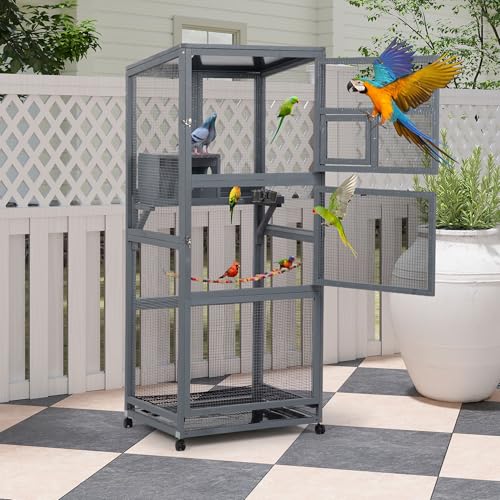 Coziwow 68' H Large Wood Bird Cage on Wheels, Outdoor Bird Aviary Indoor Wooden Large Bird Cage Parakeet Cage with Pull Out Tray and Feeder,Ideal for Small Birds,Finches,Parrots, Gray