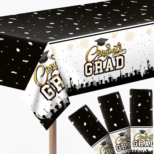 Image of KatchOn, Black and Gold Graduation Tablecloth -108x54 Inch, Pack of 3 | Congrats Grad Tablecloth for Graduation Decorations 2026, Grad Party Decorations 2026 | Graduation Table Decorations 2026