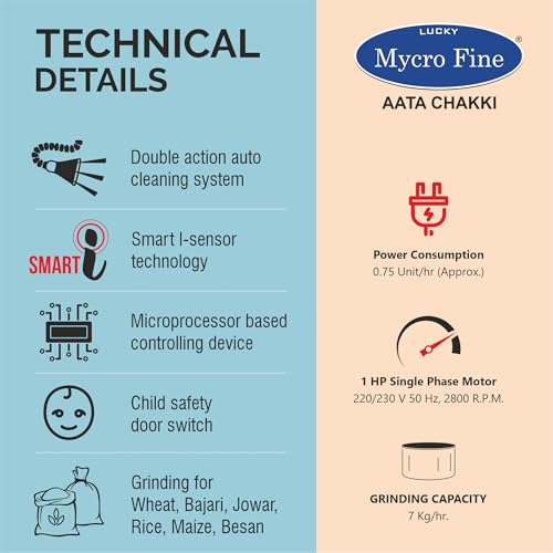 Image of Lucky Mycrofine Super Star Plus BlackBerry Atta Chakki Machine with SS Rotter Cutter | 7to8 kg Capacity | Fully Automatic Domestic Flour Mill Made in India | Chamber auto-Clean System | 0.75 Units /Hr