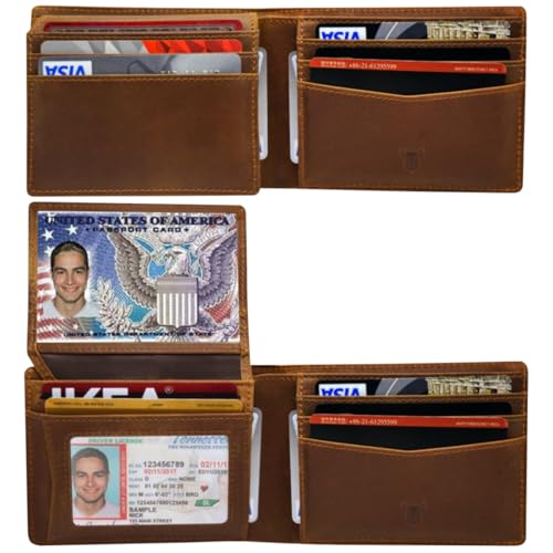 Airtag Wallet, Full Grain Genuine Leather Bifold Mens Wallet, 2-ID Window, 12-Card Slots, Minimalist RFID Blocking Wallet for Men (Distress Brown)
