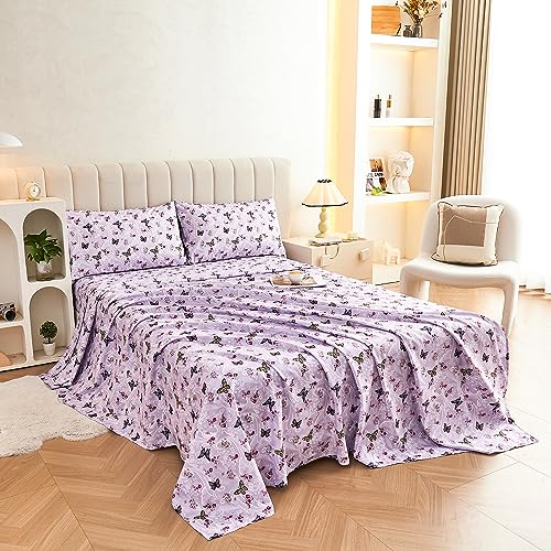 Image of Softan Floral Twin Size Sheet Set, Purple Paisley Flower Printed Sheets for Kids Girls, Brushed Microfiber Fitted Sheet with 15 inch Deep Pocket & Non-Slip Straps, Butterfly Patterned Sheets