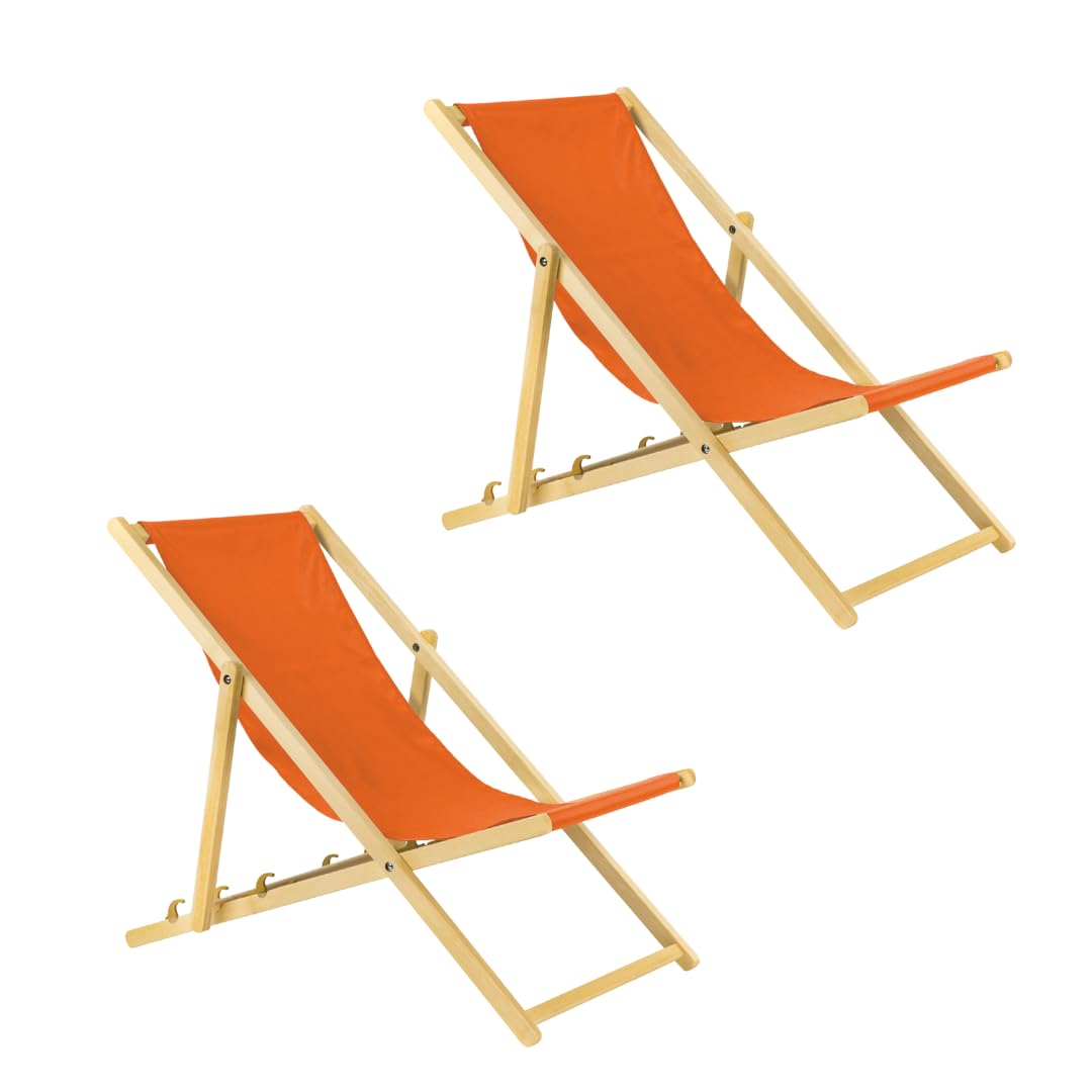 2 x Chaise Longue de Jardin en Bois - Fauteuil Relax - Chaise de Plage Orange