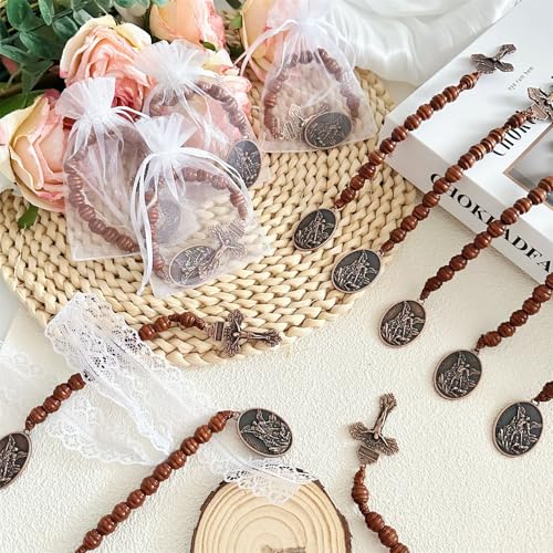 Image of Bovemee Saint Benedict Medal Prayer Pocket Rosary Catholic Brown Wood Beads with Medalla de san benitol and Crucifix, 9 Inch