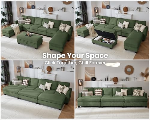 Image of CHIC HOUSE Modular Sectional Couch| Corduroy L Shaped Sleeper Sofa, U-Shape Sofa Bed Convertible Chaise with Storage Ottoman for Living Room Modern Furniture (Green, 12 Seater Sleeper)