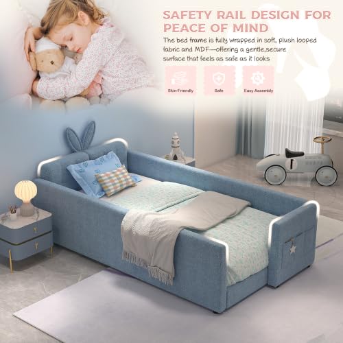 Image of Twin Size Bed Frame for Kids, Upholstered Daybed Frame Floor Bed with Safety Rails and Storage Pocket Cute Rabbit Ear Shaped Headboard for Kids Teens Boys Girls, Blue