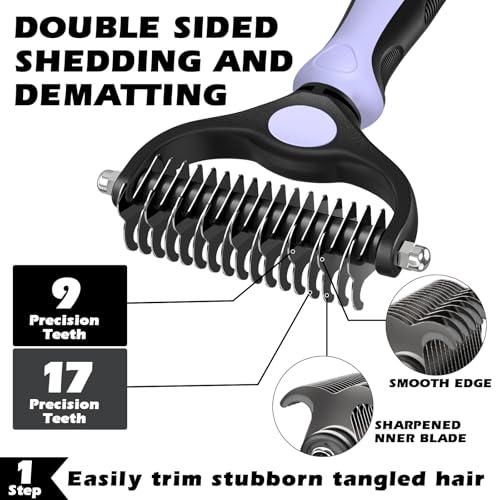 Image of Professional 3PCS Self Cleaning Slicker Brush & Pet Grooming Rake & Flea Comb for Dogs,Cats and Horses | Double-Sided Dematting Comb & Skin Friendly Deshedding Grooming Tool (Light Purple)