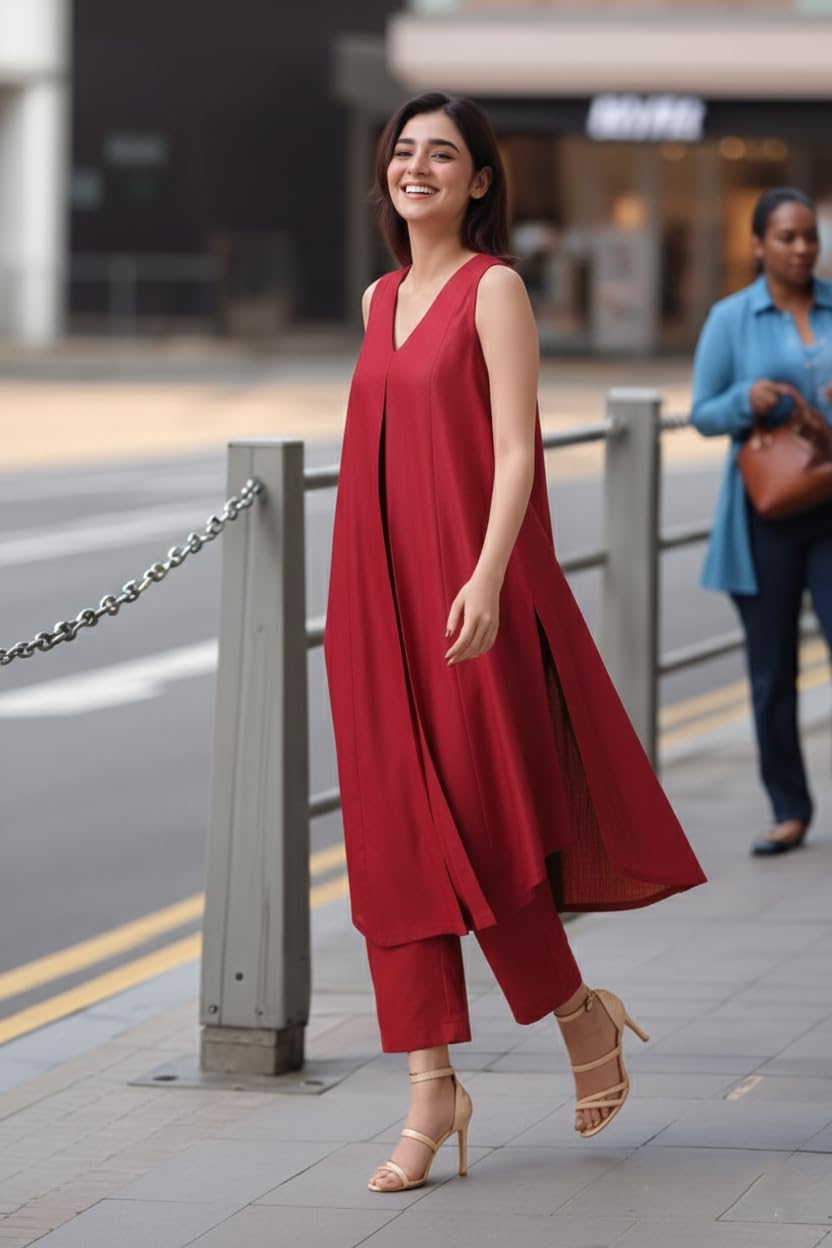 ANNI Designer Kurta damska rayon wiskoza, rozkloszowana, jednokolorowa, ze spodniami, bez rękawów, dekolt w serek, elegancki zestaw kurta, miękki, oddychający materiał, etniczna sukienka biurowa