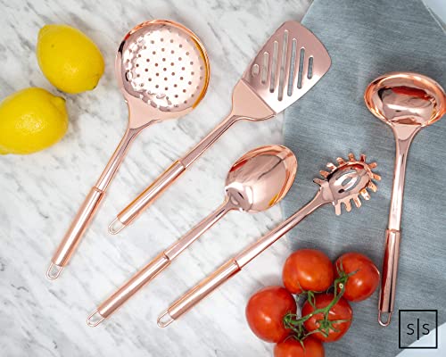 Image of Copper Cooking Utensils Set - Rose Gold Kitchen Serving Tools, 5 PCS Stainless Steel: Ladle, Spoon, Pasta Fork, Spatula, Skimmer