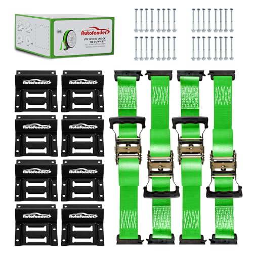 Autofonder Wheel Chock Tie Down Kit (4,500lb Break Strength) Heavy Duty Trailer Tire Straps System for ATV, UTV, Lawn Mower & More - Ratchet Tie Downs Accessories with E Track for Four Wheeler Green