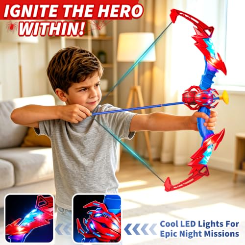 Toys for 3 4 5 6 7 8 Year Old Boys: Kids Bow and Arrow Set with LED Light Up, 10 Suction Cup Arrows, Web Target & Quiver, Superhero Archery Toy, Outdoor Garden Games, Birthday Gifts for Boys Girls - Image 4