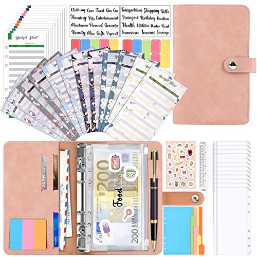 Carpeta de Anillas A6, VOBUKE 49 Pcs Libreta Ahorrar Dinero de Cuero PU con 12 Sobres Transparentes Cremallera 24 Hojas de Presupuesto, Carpetas de Presupuesto Recargable para Viajes Diario Hogar Cover