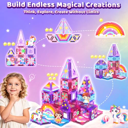 Image of Mini Magnetic Tiles Building Blocks with 4 Unicorn Toys Girls Toys Gifts