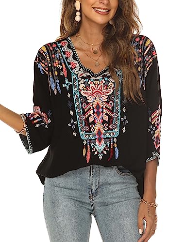 LauraKlein Women Mexican Embroidered Shirt for Women Bohemian Style Top Blouse 3/4 Sleeve Summer Casual Tunics