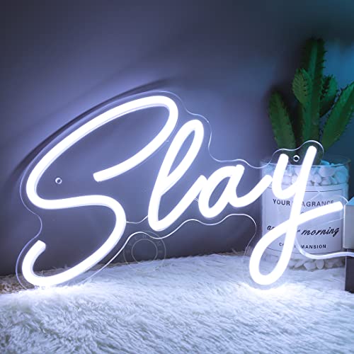 Image of SYLHOME Slay LED Neon Light Sign Cool Boys Girls Preppy Bedroom Game Play Room Wall Decor Sign Club Pub Bar Man Cave Game Birthday Party Decoration USB 11.8 inch X 8 inch Cold white