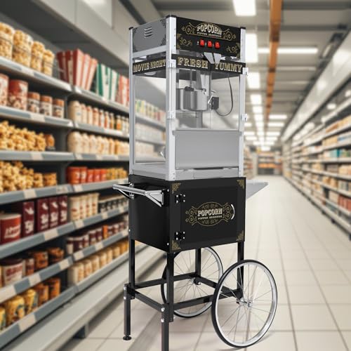 Image of Montary 20 Oz Commercial Popcorn Machine with Cart,1450W Vintage Style Popcorn maker Equipped with Popcorn Scoops,Tools & Heated Deck for Home Movie House and Carnival,Black