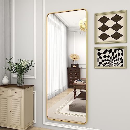 Foto von Koonmi Standspiegel mit abgerundeten Ecken, 53 x 163 cm runden Ecken Ganzkörperspiegel mit Ständer, großer Fußboden Standspiegel Ganzkörperspiegel Wand Hänger für Schlafzimmer, Wohnzimmer, Gold
