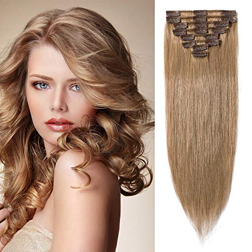 S-noilite Clip in Extension Real Human Hair Blonde 45g 8pcs 18 Clips Full Head Clip on Remy Hair Extensions Silky Straight Natural Ends Clip in Human Hair (8inch, 27 Dark Blonde)