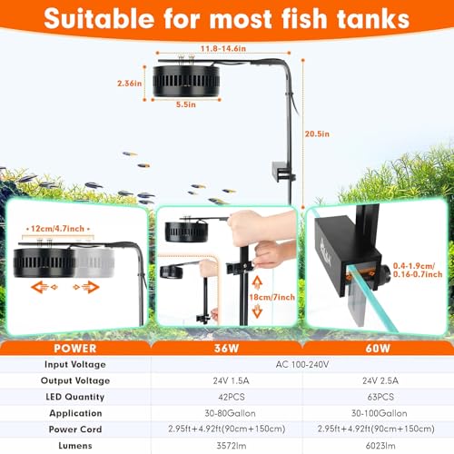 Image of AQQA Aquarium Clip-On Stream Light with Controller, LED Fish Tank Light with 3 Modes (White /RGB /Full Spectrum), Timer & 6 Brightness Levels, Adjustable Clamp for Freshwater Plants Fish Tanks 35W